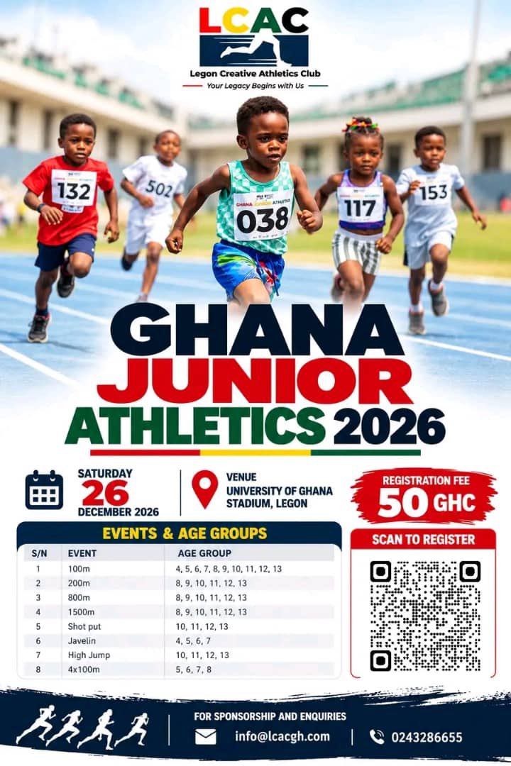 coachelorm's tweet photo. That time of the year is here again!!!
Register your child to be part of Ghana’s most exciting kids’ athletics festival, Ghana Junior Athletics 2026!
#lcac #gja2026 https://t.co/YQHxH7V5Yh