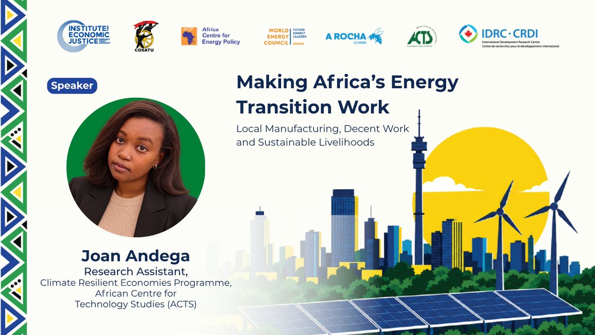 IEJ_SA's tweet photo. Joan Andega
Joan Andega of @ACTSNET will present the Kenya case study, examining localisation, decent work, and gender equity across Kenya’s solar and wind sectors https://t.co/bIuhuhmSi0