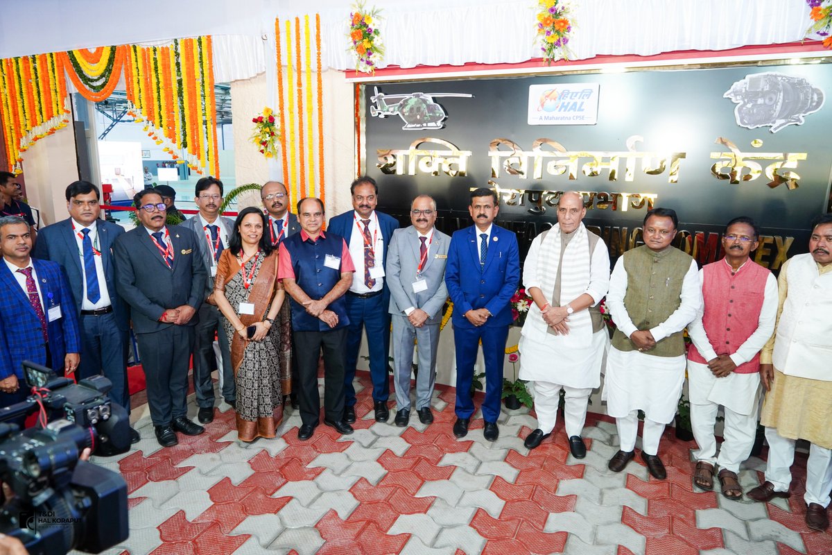 HALHQBLR's tweet photo. Hon’ble RM Shri Rajnath Singh inaugurated the second Shakti engine manufacturing line at HAL Koraput marking a significant step towards strengthening domestic aero-engine production. With a planned capacity of up to 100 engines annually, the facility will support growing helicopter requirements and the evolving needs of the Armed Forces.