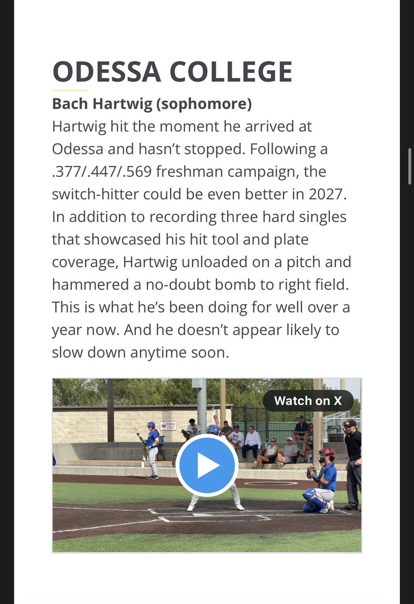 BachHartwig's tweet photo. Thank you @DustinLMcComas @FiveToolJUCO for the write up! https://t.co/uGyh6D6IqF