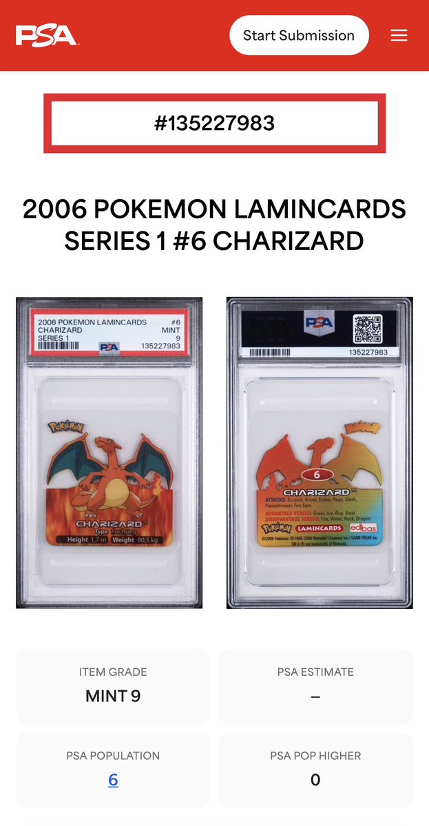 itsrohaanzuberi's tweet photo. Charizard transparent background PSA 9

Total PSA 9 Population of 6 with no PSA 10s.

With low pop Pokemon market going up, having a unique piece as such is a great one that is sure to catch some eyes. https://t.co/z0JJbqpl4B