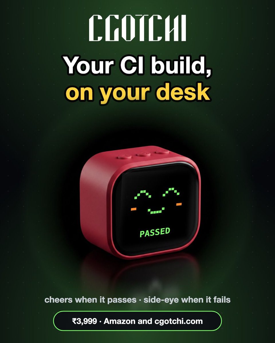 cgotchi_x's tweet photo. Your CI build, on your desk ✅ Poll GitHub Actions over Wi-Fi and let cgotchi cheer when the build passes and side-eye you when it fails. One C++ class and a few callbacks.

Order now on Amazon and https://t.co/KTZWgzb2HQ · ₹3,999 #esp32 #makersindia https://t.co/OmQ6TvWf8b