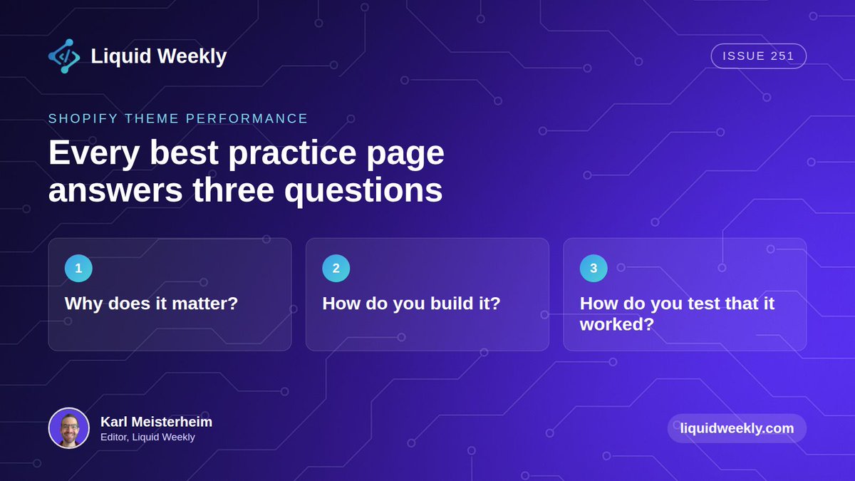 LiquidWeekly's tweet photo. Shopify's theme performance best practices answer the same three questions on every page: why it matters, how to build it, and how to check that it worked.

Worth a bookmark even if you never plan to submit a theme.

It leads off Liquid Weekly 251: https://t.co/BThtEobJBk https://t.co/pXSdrNWd4p