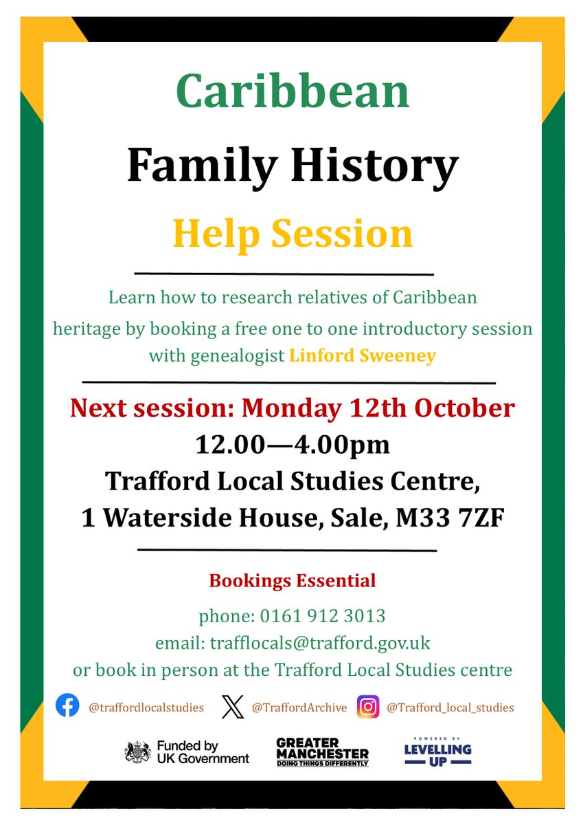TraffordArchive's tweet photo. Book your appointment now for our next Caribbean Family History Help Day on 12th October.
#familyhistoryhelpday #caribbeanfamilyhistoryhelpday #traffordlocalstudies #traffordlibraries https://t.co/5KsQ7MORLh
