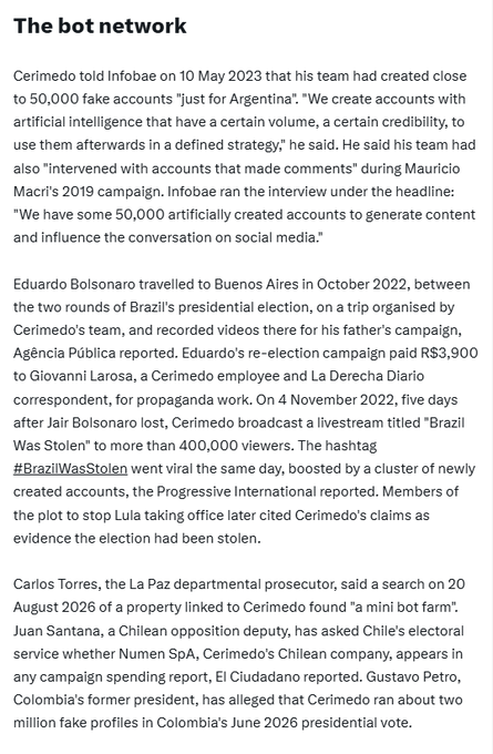 liderfiscal's tweet photo. #URGENTE Esto es lo que confesó #Cerimedo y ahora sabemos la importancia que tiene para EEUU y por lo cual lo están rescatando de la justicia en Bolivia

"Creamos cuentas con inteligencia artificial que tienen un cierto volumen, una cierta credibilidad, para usarlas después en una estrategia definida,"

Trabajó para:
Jair Bolsonaro en Brasil 
Javier Milei en Argentina 
Nasry Asfura en Honduras
Rodrigo Paz en Bolivia
#MegaFraudeEnBrasil #IARobaElecciónEnBrasil
#UrgenteCOMPARTAN #RTMasivo