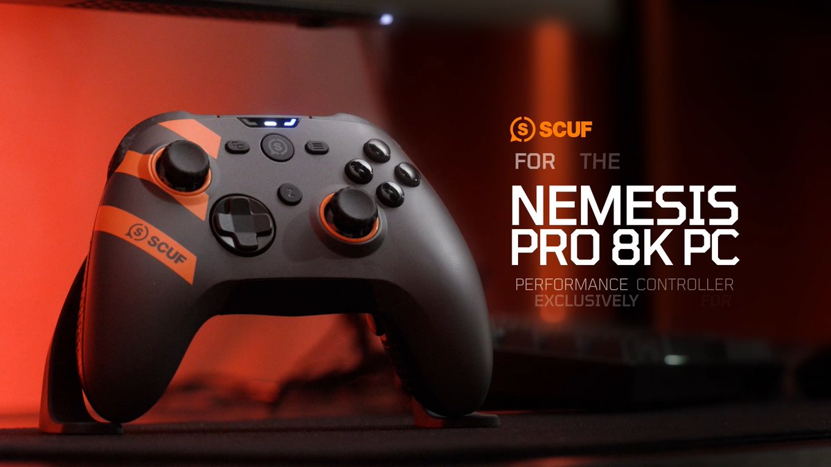 A black and orange SCUF Nemesis Pro 8K PC performance controller stands against a warm red backdrop, with text on the right advertising it as a "SCUF for the NEMESIS PRO 8K PC PERFORMANCE CONTROLLER EXCLUSIVELY." The image showcases the sleek, ergonomic design of the premium gaming controller highlighted in the post's description of its advanced features like 8K polling rate, TMR sticks, and customizable paddles.