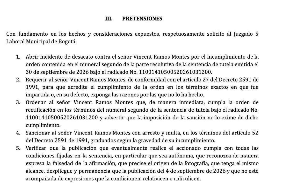 AdrianaLucia's tweet photo. Radiqué incidente de desacato contra @VincenthRamos La sentencia le ordenó rectificar en 48 horas la información falsa con la que me vinculó con alias “Bendito Menor”. El plazo venció y no cumplió.

Impugnar una tutela no suspende la obligación de cumplirla. https://t.co/niVP44caWk