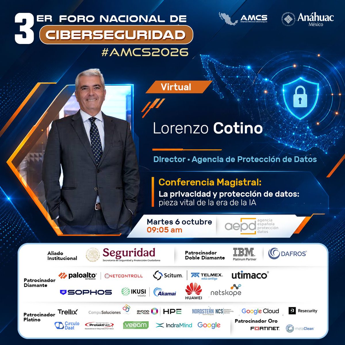 AMCS_ORG's tweet photo. 🔐🤖 ¿Cómo proteger nuestra privacidad en la era de la IA?
Iniciamos el Día 2 de #AMCS2026 con la Conferencia Magistral:
“La privacidad y protección de datos: pieza vital de la era de la IA”
🎙️ Lorenzo Cotino de @AEPD_es
🕘 09:05 h | 💻 Virtual
🌐 https://t.co/7vb72QmRBO https://t.co/zaXDLmAM9l