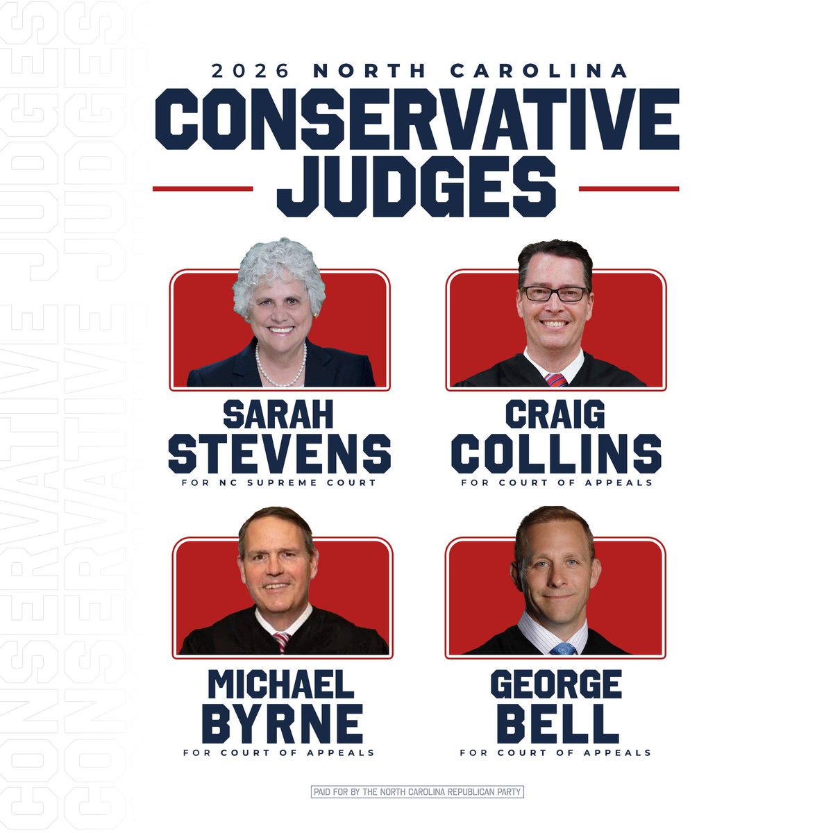 NCGOP's tweet photo. These are the judicial candidates the will follow the Constitution, apply the law as written, and bring common sense to the courts. https://t.co/wwoQFVWjfu