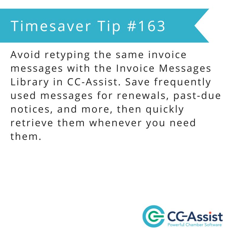 ChamberData's tweet photo. Save time by storing and reusing frequently used invoice messages in CC-Assist! #TimesaverTuesdayTip
https://t.co/bcp9IwPopy https://t.co/oY49RMnCd6