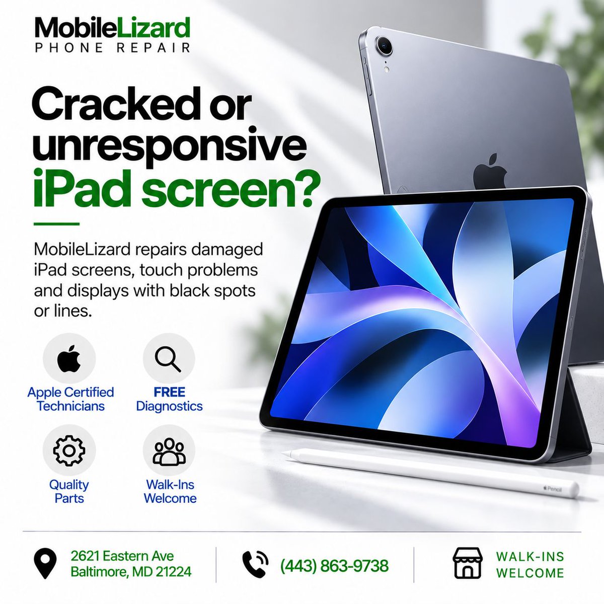 MobileLizard's tweet photo. Cracked or unresponsive iPad screen?

MobileLizard repairs damaged iPad screens, touch problems and displays with black spots or lines.

✅ Apple Certified Technicians
✅ FREE diagnostics
✅ Quality parts
✅ Walk-ins welcome
📞 (443) 863-9738

#iPadRepair #ScreenRepair #Baltimore https://t.co/TpVVXCgUH0