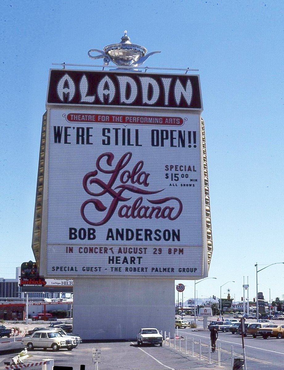 VintageVegas's tweet photo. The Aladdin brought Arabian Nights glamour to the Strip from 1966–1997. Home to Elvis and Priscilla’s wedding, the Tower of Majesty, and its famed performing arts theater, it became one of classic Las Vegas’ most colorful and memorable resorts. #VintageVegas https://t.co/vtjQlfdQCN