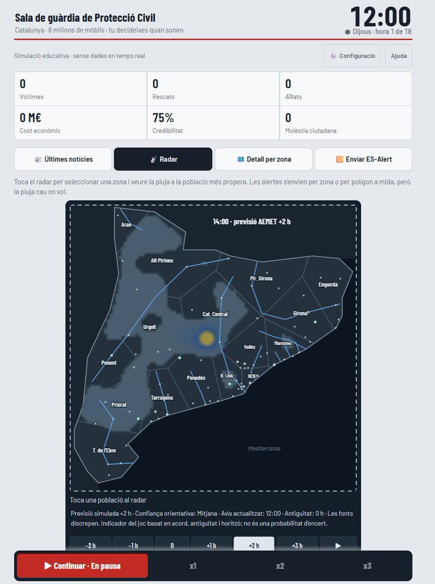 alexsnclmnt's tweet photo. En @xagaroo ha creat el joc que Catalunya necessitava: un simulador que permet decidir si s’envia o no Es-Alert a partir dels avisos meteorològics i del radar. https://t.co/kr5hRg03v5