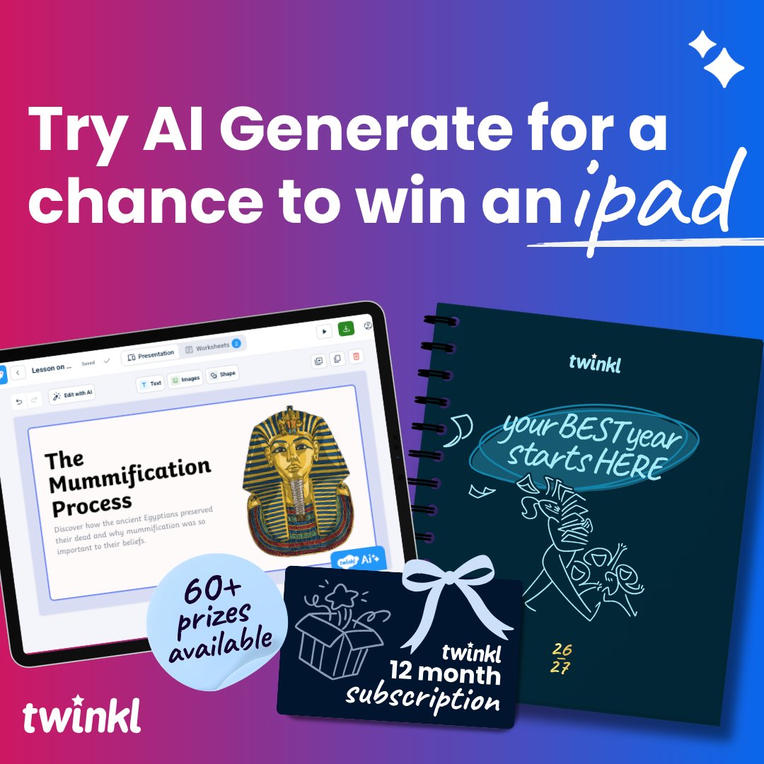 twinkl_edu's tweet photo. Win an iPad, a 12-month Twinkl Ultimate subscription or a Twinkl Planner, just for trying our brand-new AI tool!

You know what every teacher could do with? A few extra hours in the day! We can't quite give you that, but AI Generate comes close.

To celebrate the launch of AI Generate, our newest AI tool that creates resources tailored to your class in seconds, we're giving you the chance to win some fantastic prizes. 

To enter, simply head here: https://t.co/4p6O1FE2Bh

What's up for grabs:

1x iPad for our main winner

10x 12-month Twinkl Ultimate subscriptions

50x Twinkl Planners

AI Generate is free to use, so there's never been a better time to give it a go!