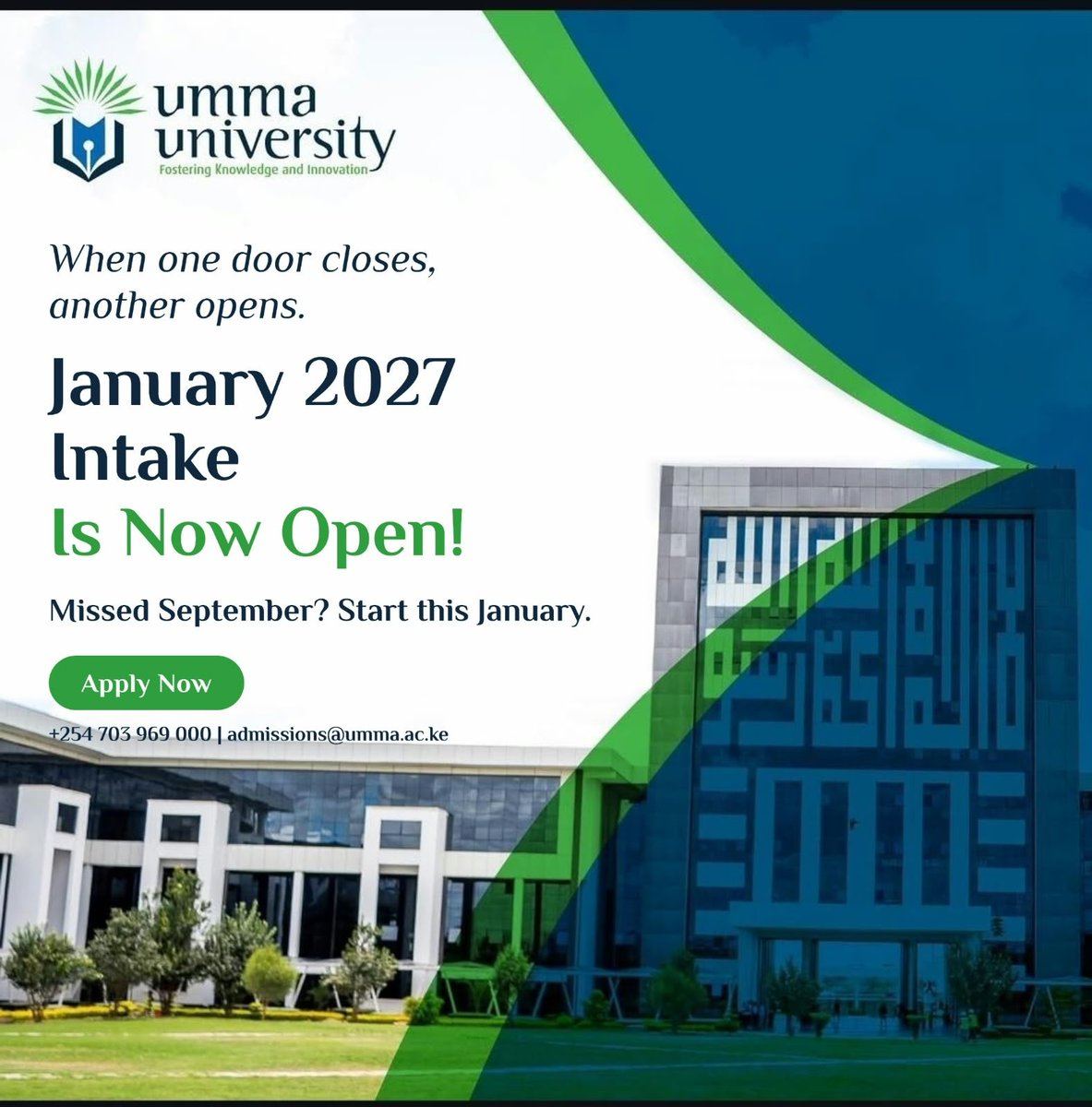 UmmaUniversity's tweet photo. JANUARY 2027 INTAKE IS NOW OPEN! 

A new year, a new opportunity to take the next step in your academic journey.

Applications for the January 2027 Intake @ummauniversity are now officially open! 

Whether you’re starting your university journey or looking to advance your education, your future begins here.

📚 Explore our programmes and apply today.

🔗 Apply online: https://t.co/fvXEpGmUGH

#ummauniversity #january2027intake #admissionsopen #applynow #highereducation
