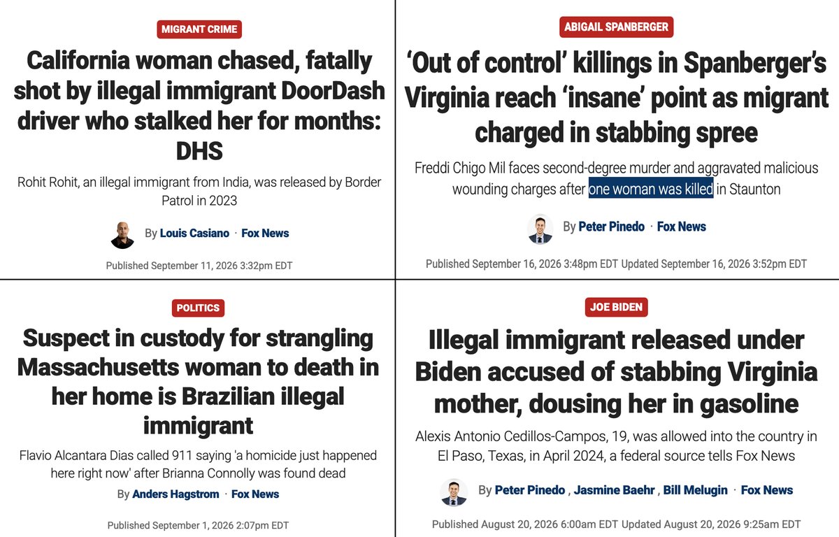 WesternLensman's tweet photo. Here are a few stories of horrific, violent crimes committed against women from just the last month or so.

While the Cornell case is plastered wall-to-wall across legacy media, these crimes and their victims garner zero attention, and zero outrage.

You can see why. https://t.co/NV1PJW4kos