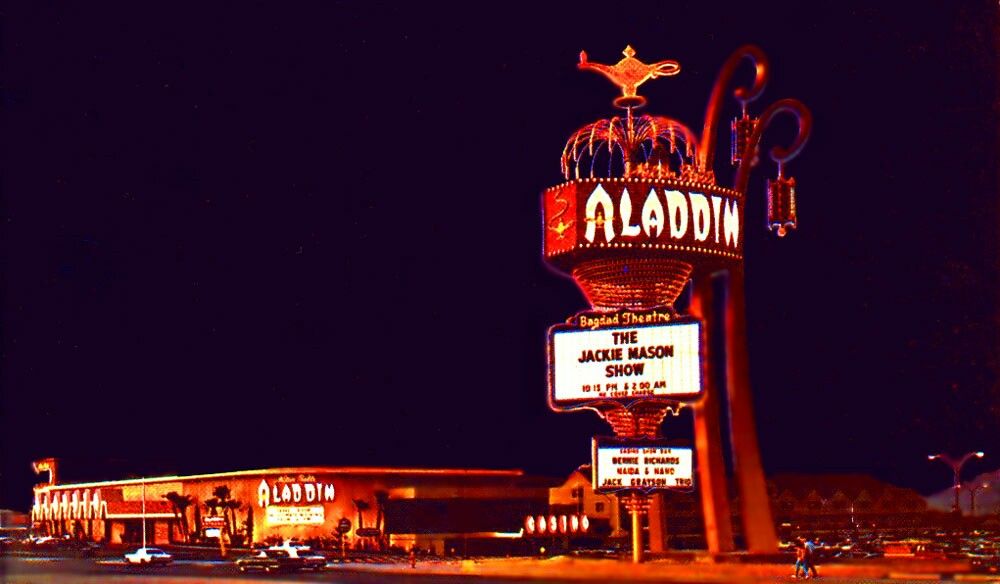 VintageVegas's tweet photo. The Aladdin brought Arabian Nights glamour to the Strip from 1966–1997. Home to Elvis and Priscilla’s wedding, the Tower of Majesty, and its famed performing arts theater, it became one of classic Las Vegas’ most colorful and memorable resorts. #VintageVegas https://t.co/vtjQlfdQCN