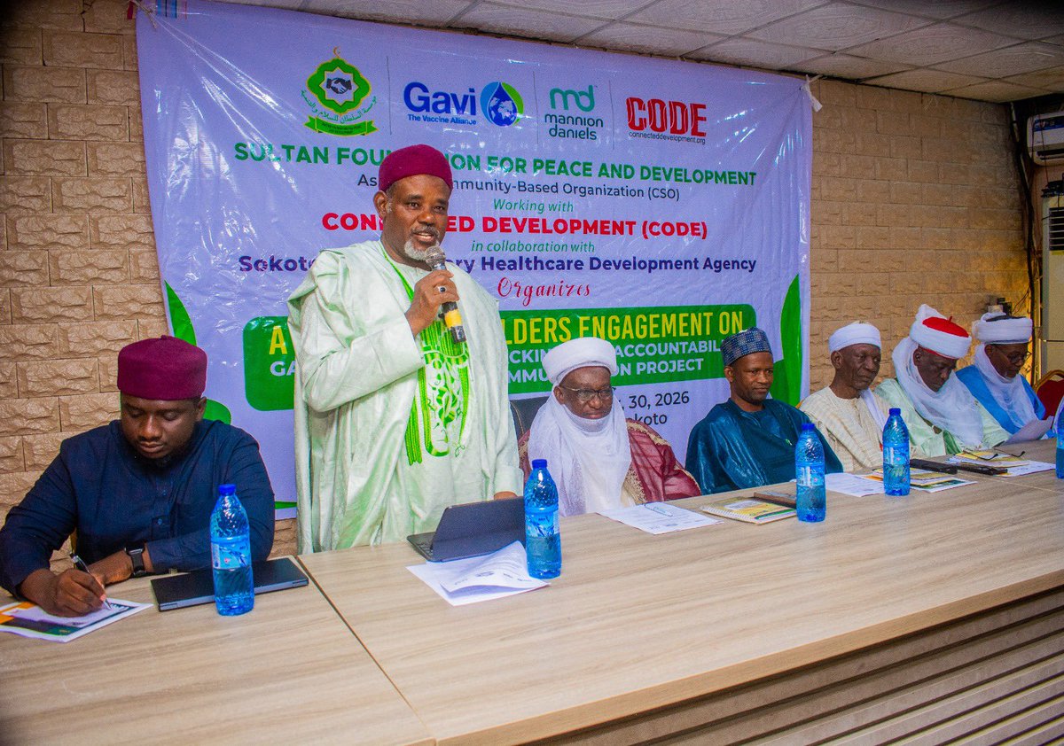 Connected_dev's tweet photo. When traditional and religious leaders speak, communities listen. For routine immunization, that trust can help reach children who might otherwise be missed.

Connected Development [CODE], represented by Programs Manager ABDULAZEEZ HUSSAINI, joined the Sultan Foundation for Peace and Development and the Sokoto State Primary Health Care Development Agency for a stakeholder engagement focused on strengthening traditional and religious leadership in routine immunization.

Chaired by His Highness Aliyu Attahiru Galadanci, Galadiman Gari Sokoto, representing His Eminence, the Sultan of Sokoto, the meeting brought together District Heads, religious leaders, government representatives and development partners under the S-TRACE Project.

The engagement focusing on strengthening the role of trusted community leaders in identifying zero-dose children, mobilising caregivers, addressing vaccine hesitancy and non-compliance, and connecting families to immunization services across the seven S-TRACE LGAs.

With support from Gavi, the Vaccine Alliance, CODE and its partners are strengthening those connections one community and one child at a time.

#FollowTheVaccine #STRACESokoto #NoChildZero #CountEveryChild