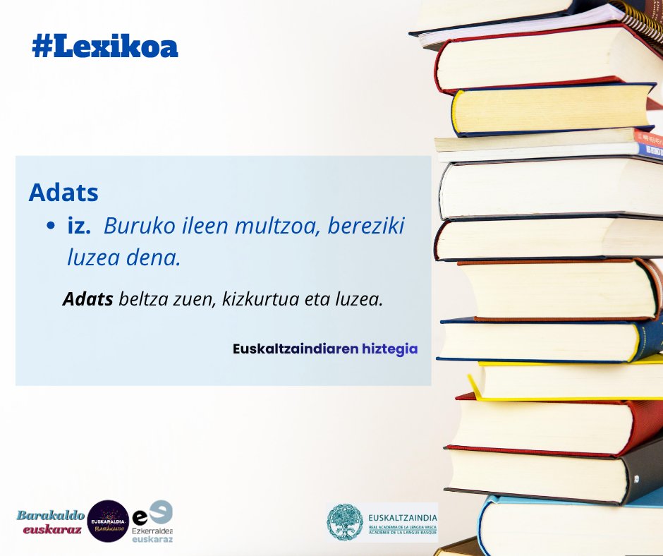 barakaldo_eus's tweet photo. #Lexikoa lantzeko prest?
📔 Euskara aberasten saiatuko gara 👏👏
👉 Aste honetako proposamena: #Adats
#Lexikoa, #EuskaraIkasi, #EuskarazBizi
@euskaltzaindia_ https://t.co/dS6aZJUhtx