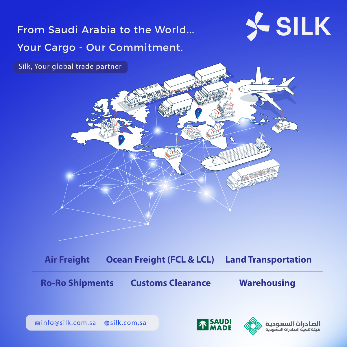 SilkUnited's tweet photo. From Saudi Arabia to the World
Your Cargo - Our Commitment.

In today’s fast-moving global marketplace, reliable logistics is more than transportation—it’s the foundation of successful international trade. Businesses need a logistics partner that can move products efficiently, manage customs requirements, and ensure shipments arrive on time across borders.

At SILK United Company, our Freight Forwarding Department provides end-to-end logistics solutions designed to simplify global trade. From air, ocean, and land freight to customs clearance, warehousing, Ro-Ro shipments, and courier services, we help businesses connect with opportunities across Saudi Arabia, the GCC, and international markets.

• Air Freight
• Ocean Freight (FCL & LCL)
• Land Transportation (KSA & GCC)
• Ro-Ro Shipments(Vehicle & Heavy equipment)
• Customs Clearance & Delivery
• Warehousing & Distribution
• Courier & E-commerce Logistics

With competitive rates, prompt quotations, reliable support, and worldwide coverage, we are committed to moving your business forward—efficiently, securely, and professionally.

Your Cargo. Our Commitment, Together We Move the World.

https://t.co/IKAmluKHO0

#SilkUnited #FreightForwarding #Logistics #SupplyChain #AirFreight #OceanFreight #LandTransport #CustomsClearance #Warehousing #SaudiArabia #KSA #GCC #GlobalTrade #ImportExport #ShippingSolutions #BusinessGrowth #InternationalTrade #LogisticsPartner #FreightServices #SaudiMade