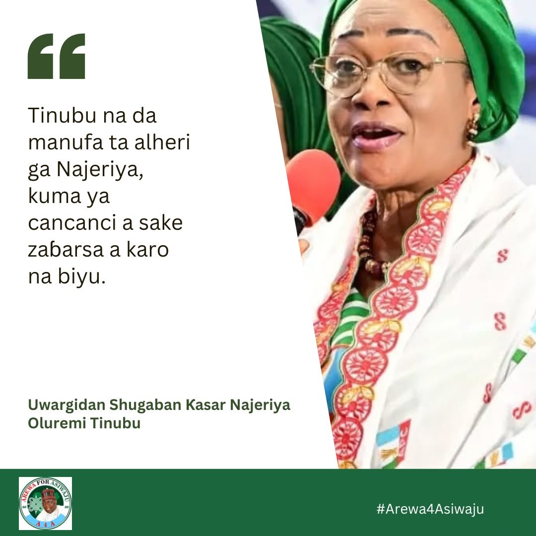 Arewa4Asiwaju's tweet photo. Sanata Oluremi Tinubu ta bayyana hakan ne a taron mata masu ruwa da tsaki na jam’iyyar APC wanda aka gudanar a Abuja.

Ta kuma jaddada cewa shugaban na kokari wajen ganin cewa ya dauki matakan da za su inganta kasar.
#ArewaForAsiwaju #A4A #TinubuSauBiyu https://t.co/OlnuoE0CDg