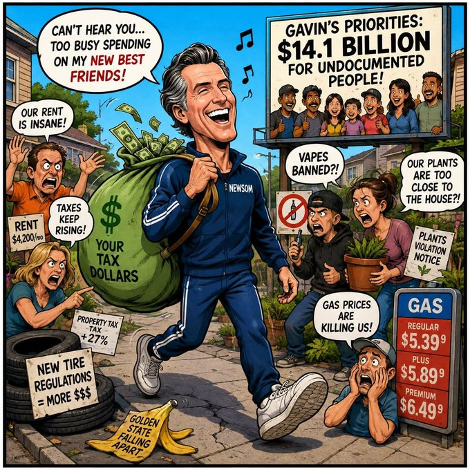 Bigkid6239's tweet photo. @GavinNewsom Then I expect for you to PAY back every CENT YOU wasted on illegals, HOMELESS, Diapergate, Train to Nowhere, &amp; all the other FRAUD you've allowed &amp; YOU should be held accountable by going to prison for the rest of your miserable life! 🤡 https://t.co/LtMz3YJu7E