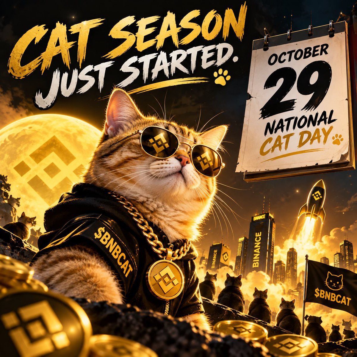 CTOBNBCAT_x's tweet photo. 🐱 CAT SEASON JUST STARTED.

October 29th — National Cat Day. 🗓️

And $BNBCAT is ready. 👀💛

This is just the beginning.

#BNBCAT #NationalCatDay https://t.co/ZsJ3KN5W3o