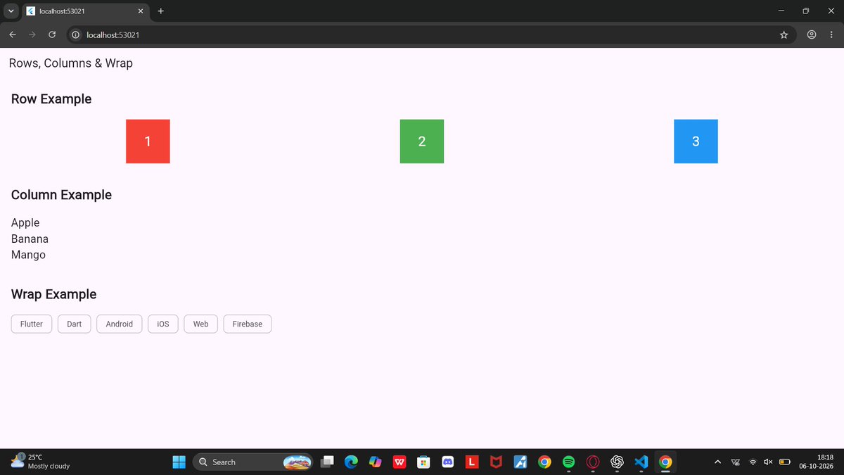 Shet88950Anusha's tweet photo. Day 17 of #100DaysOfCode 🚀

Practiced Row, Column &amp; Wrap in Flutter to understand widget layouts and positioning.

GIT:https://t.co/jtNivuGQ9g

Building my Flutter fundamentals one day at a time. 💻

#Flutter #Dart #30DaysOfFlutter #CodingJourney https://t.co/KNNt0mWZk2