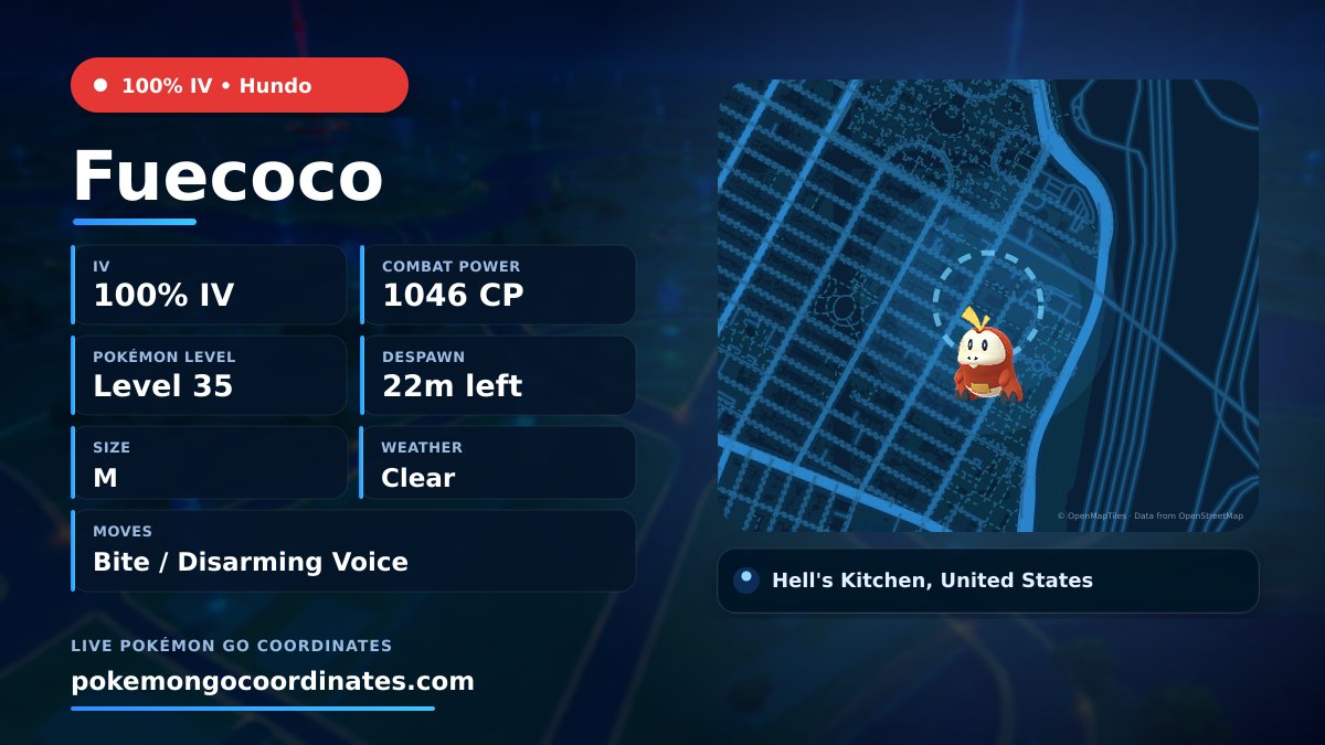 CoordsPokemonGo's tweet photo. #Fuecoco Wild Spawns
π―% IV β’ 1046 CP β’ Level 35
Despawns in 22m
π 40.726307,-73.976254
#100IVLevel35 β’ #ShinyCheck https://t.co/bCqHnOJvOm