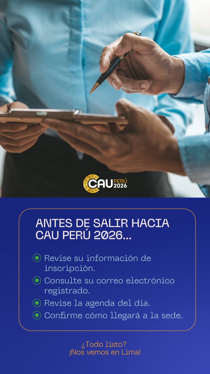 CAU_URO's tweet photo. Antes de salir hacia CAU Perú 2026, asegúrate de tener todo listo para el congreso! ✈️🇵🇪   
Sigue esta check list rápida:

✅ Revise su información de inscripción
✅ Consulte su correo electrónico registrado
✅ Revise la agenda del día
✅ Confirme cómo llegará a la sede https://t.co/9sXJRNdn2o