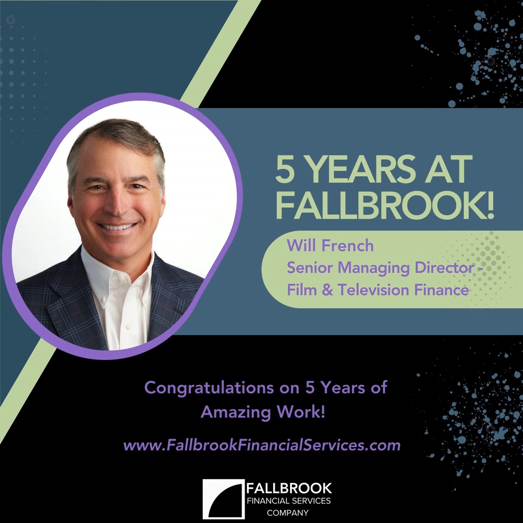 FallbrookFSC's tweet photo. 🎉Celebrating 5 years at Fallbrook! Congratulations to Will French, Senior Managing Director – Film &amp; Television Finance, on this incredible milestone. Thank you for your leadership, expertise, and dedication to our team! 🎬👏#Anniversary
https://t.co/KXsqTNt1bt https://t.co/AbMM29tCVX