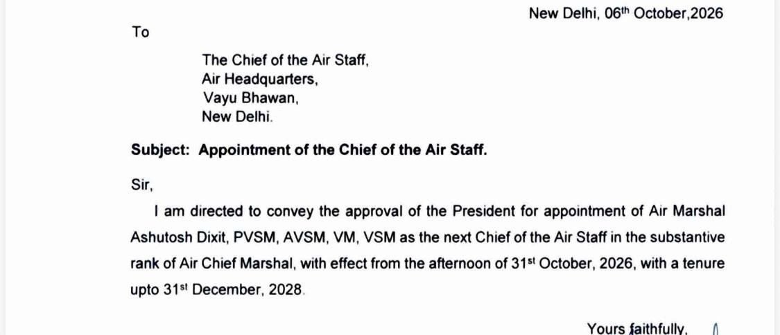 Om20_26's tweet photo. 🇮🇳⚡ Air Marshal Ashutosh Dixit will become the next Chief of the Air Staff on 31 October 2026, succeeding Air Chief Marshal A.P. Singh. A veteran fighter &amp; test pilot with 3,500+ flying hours, he has flown Tejas, Mirage-2000, Jaguar and MiG variants. https://t.co/y89ylWzS9c