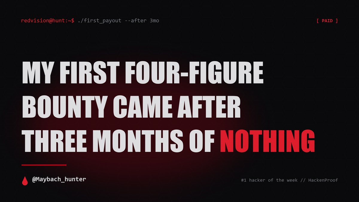 Maybach_hunter's tweet photo. my first four-figure bounty came after three months of nothing 💀

three months of reports that went informative, N/A, duplicate, or just silence. no money, no rep, half the time no feedback at all. i genuinely thought i was bad at this and that everyone else had some trick i was missing. everyone posts the win. nobody posts the ninety days of dead submissions it took to get there, because a drought doesn't make a good screenshot.

then one landed. i refreshed the platform tab like an idiot, convinced they'd made a mistake and would claw it back. they didn't. the amount was right, the status said rewarded, and i just sat there staring at it.

it didn't feel like winning. it felt like the drought finally breaking after i'd half-decided to quit. the second one hit completely different, because by then i knew the first wasn't luck, it was the ninety days quietly compounding. if you're in your own drought right now, that isn't proof you're bad at this. it's the toll. everyone getting paid today paid it first 🩸

@HackenProof @Hacker0x01 @Bugcrowd @intigriti @yeswehack #bugbounty #bugbountytips #infosec #cybersecurity #appsec #ethicalhacking #hacking