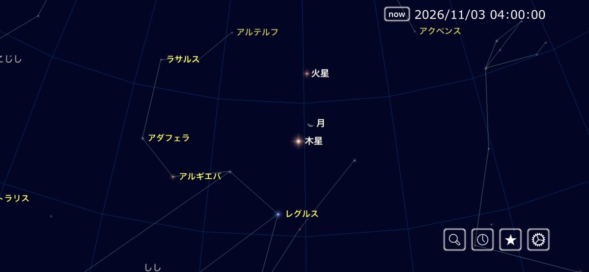 starry_train_N's tweet photo. 今朝は火星と木星の間に月が入り賑やかな星空でした。
工場へ入る前に駐車場でパシャリ（4時47分撮影📱）

11日には火星がプレセペ星団と重なり
11/3には再び火星•木星•月のランデブーが見られます。 https://t.co/AmBX8SL4Na