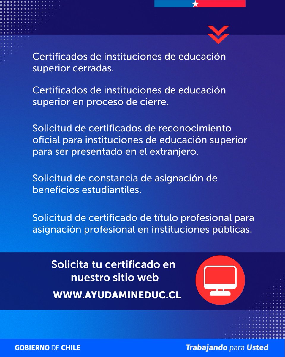 AyudaMineduc's tweet photo. 🎓 ¿Sabías que puedes solicitar tus certificados de educación superior a través de nuestro sitio web?

💻 👉 Visita https://t.co/3UnXamw7G3 sección "información sobre trámites" y realiza tu solicitud en línea. https://t.co/AeutuzNj7C