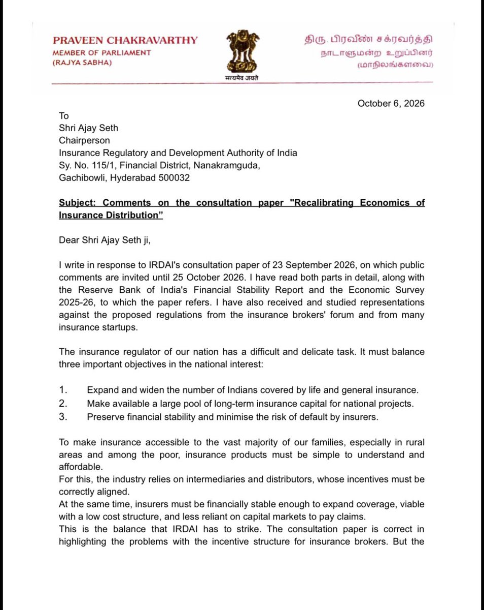pravchak's tweet photo. IRDAI wants to regulate insurance brokers' commissions (justifiably)

It proposes a 4 page/100 rates complex structure as a solution

8mn brokers are objecting to it (rightly)
This can destroy the industry

My letter to IRDAI Chairman &amp; FM @nsitharaman for finding a middle path https://t.co/DkVMfljRnX