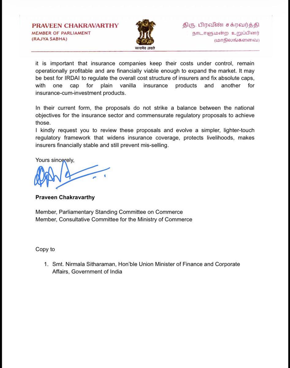 pravchak's tweet photo. IRDAI wants to regulate insurance brokers' commissions (justifiably)

It proposes a 4 page/100 rates complex structure as a solution

8mn brokers are objecting to it (rightly)
This can destroy the industry

My letter to IRDAI Chairman &amp; FM @nsitharaman for finding a middle path https://t.co/DkVMfljRnX