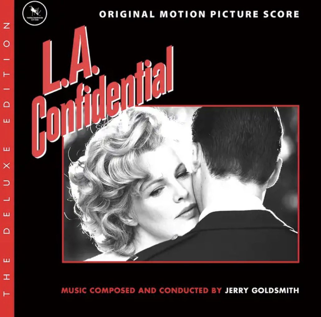 zyois's tweet photo. 「L.A.コンフィデンシャル」サントラ視聴。ノワール映画の暗い雰囲気をピアノを中心とした音色で形作り、スタッカートのリズムで緊張感ある場面を彩る劇伴。時折流れるトランペットによるメインモチーフも耳に残る。お気に入りはメインモチーフを組曲的に流して本編の幕を締めていく「The Victor」 https://t.co/cZZufGyVIM