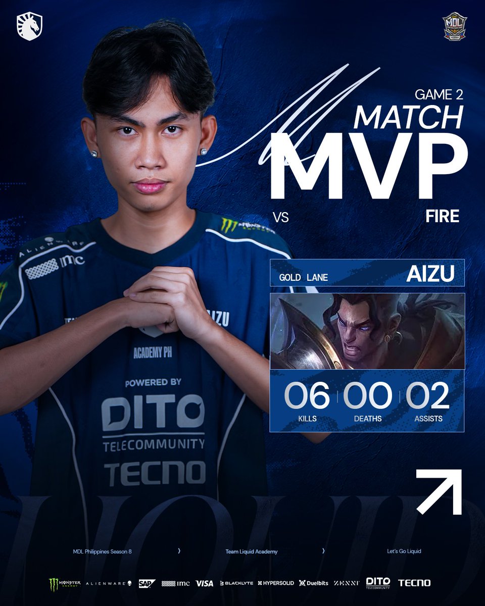 teamliquidph's tweet photo. Clean mechanics. Zero deaths. Maximum impact. MVP secured for Aizu.
#LetsGoLiquid #TeamLiquidPH #TeamLiquidAcademyPH #MDLPhilippines https://t.co/SANgwRiW8Z
