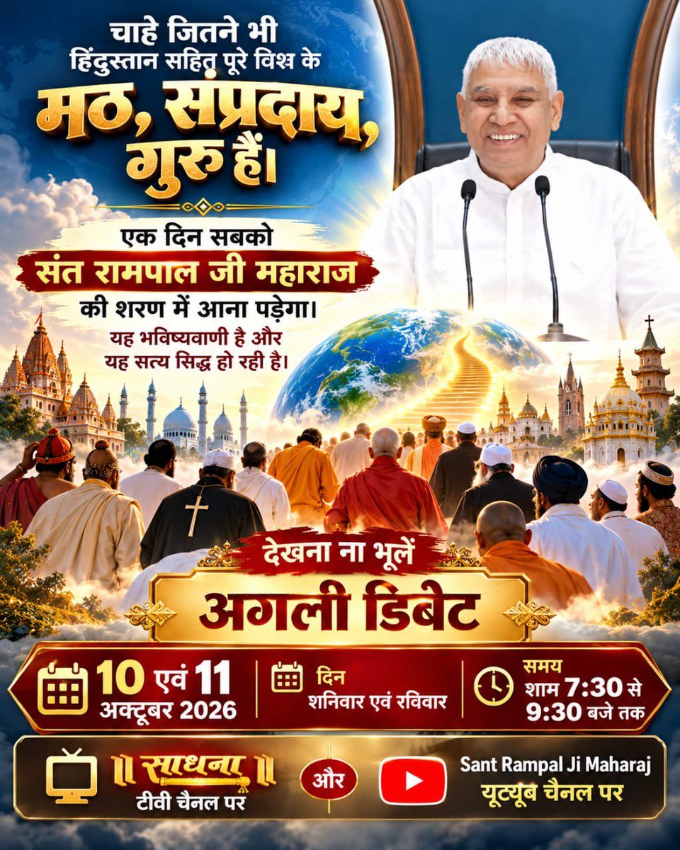 ratansaini112's tweet photo. #शास्त्रार्थ_का_शंखनाद_10_Oct
जितने भी धर्म गुरु हैं, उनसे विनम्र अपील—अपने शिष्यों को अज्ञानता के अंधकार में न रखें। यदि आपके पास सृष्टि रचनहार परमात्मा का ज्ञान है तो सामने आएं, अन्यथा अपने शिष्यों को संत रामपाल जी महाराज की शरण में भेजें। देखना ना भ
50Lakh By Sant RampalJi https://t.co/7KNgRjF5fA