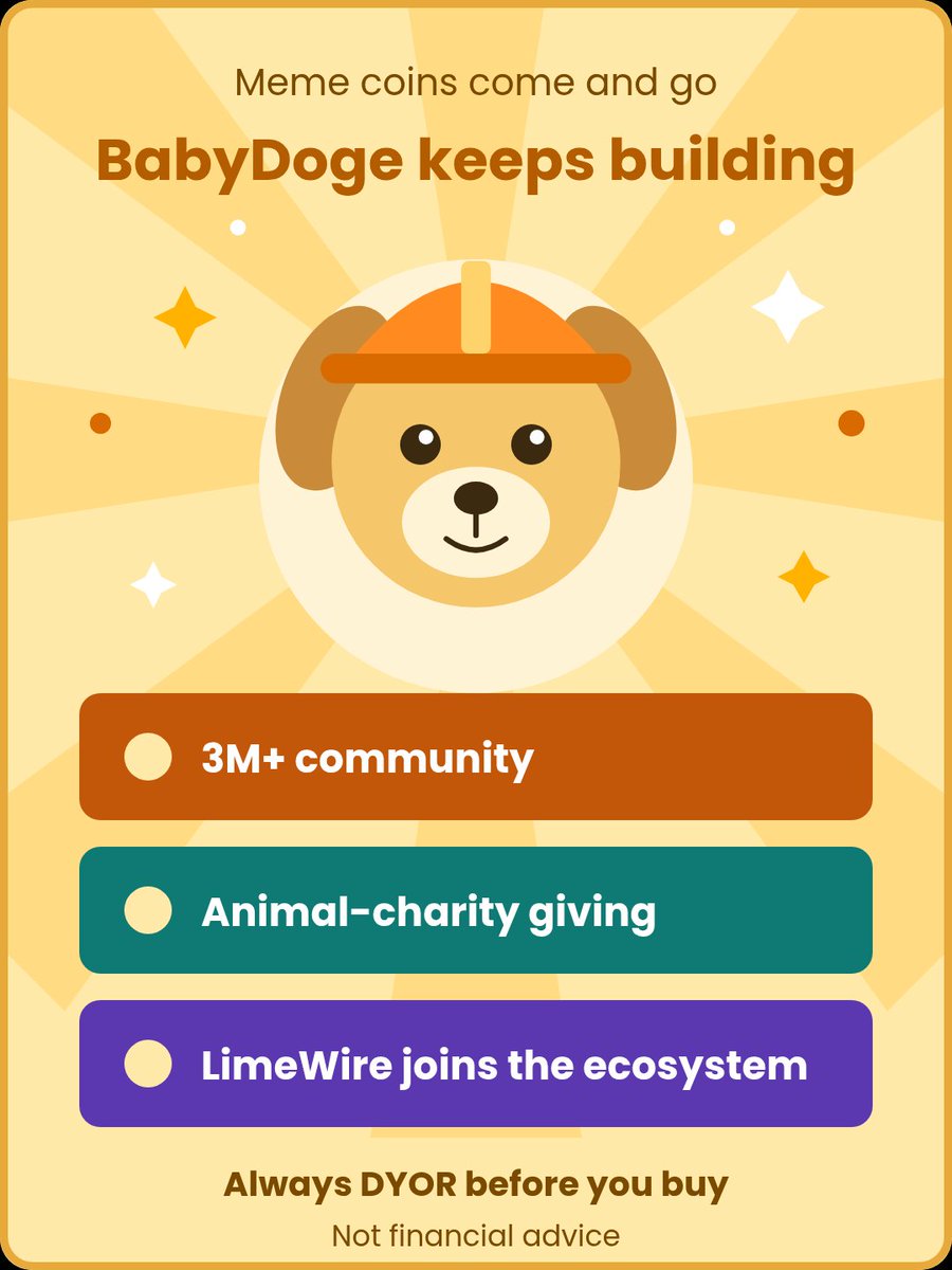 am_akc's tweet photo. Meme coins come and go. $BabyDoge keeps building 🐶

A 3M+ community, animal-charity giving, and now LimeWire joining the ecosystem.

Know what a project does before you buy. Always DYOR.

#BabyDoge #Web3 #Crypto https://t.co/5UchaDIuTM