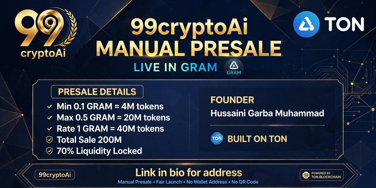 99cryptoAi's tweet photo. 🚀 99cryptoAi MANUAL PRESALE LIVE - IN GRAM 🚀

We are building AI market analysis on TON

Min: 0.1 GRAM = 4M $99cryptoAi
Max: 0.5 GRAM = 20M $99cryptoAi
Rate: 1 GRAM = 40M
Total Sale: 200M
70% Liquidity LOCKED 🔒

Master Contract: EQDd1b6MhEqOLVuNYTGEbZK7n27NDlHqt-jd91V9XqQpv2gc

✅ Send GRAM to (Receiving Wallet):
UQCxSVzJbj722H1hlZNWVP3BTtlMBnmcJRZq2nVfSvE8Nx_L

Founder: Hussaini Garba Muhammad
Built on TON Blockchain

DYOR - Not financial advice
#TON #GRAM #99cryptoAi #Presale