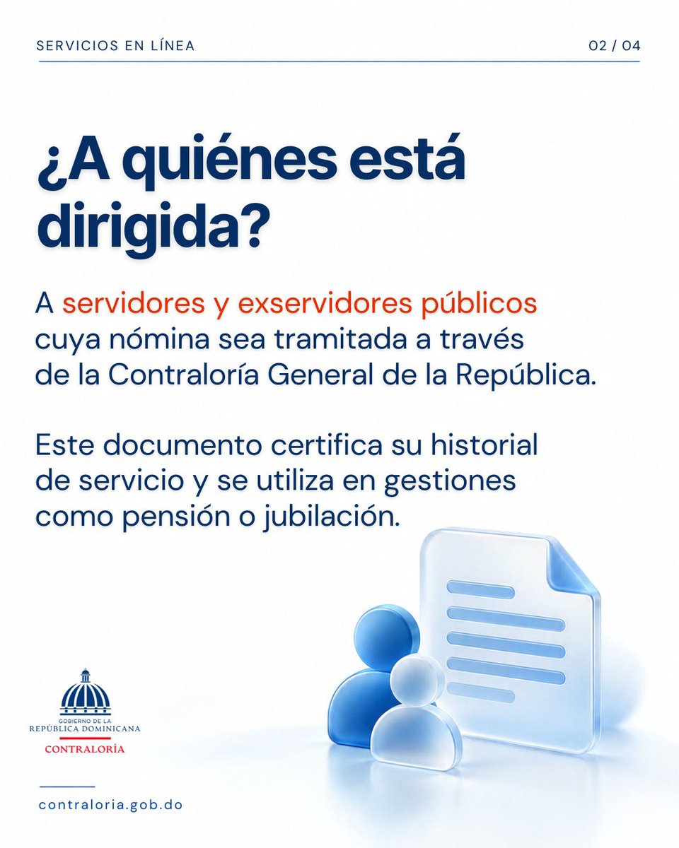 ContraloriaRD's tweet photo. Los servidores y exservidores públicos cuya nómina sea tramitada a través de la Contraloría pueden solicitar su certificación de cargos en línea.

Desliza para conocer los documentos que necesitas y cómo realizar la solicitud desde https://t.co/4KGgdRuqz1.

#ContraloríaRD https://t.co/i1nLrWRCGu