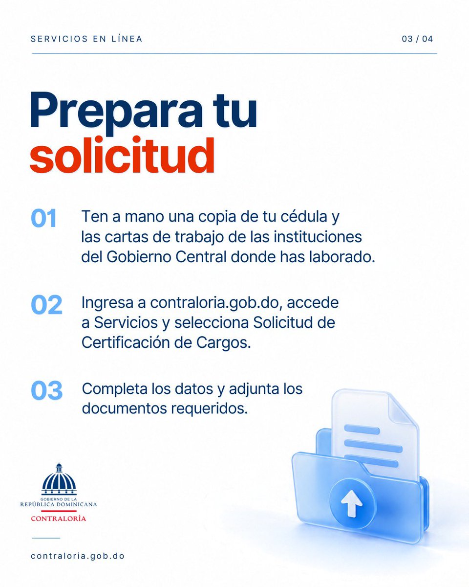 ContraloriaRD's tweet photo. Los servidores y exservidores públicos cuya nómina sea tramitada a través de la Contraloría pueden solicitar su certificación de cargos en línea.

Desliza para conocer los documentos que necesitas y cómo realizar la solicitud desde https://t.co/4KGgdRuqz1.

#ContraloríaRD https://t.co/i1nLrWRCGu