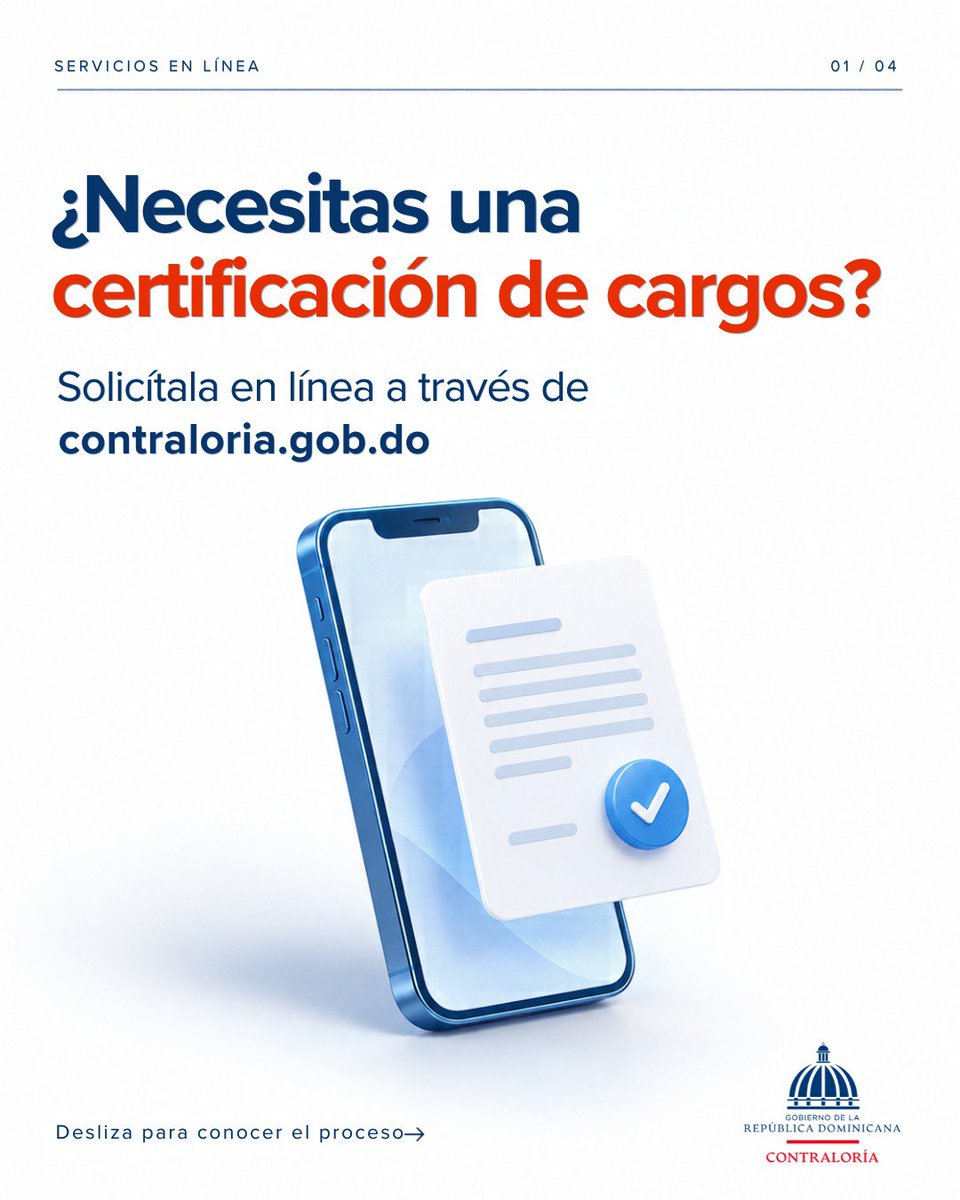 ContraloriaRD's tweet photo. Los servidores y exservidores públicos cuya nómina sea tramitada a través de la Contraloría pueden solicitar su certificación de cargos en línea.

Desliza para conocer los documentos que necesitas y cómo realizar la solicitud desde https://t.co/4KGgdRuqz1.

#ContraloríaRD https://t.co/i1nLrWRCGu