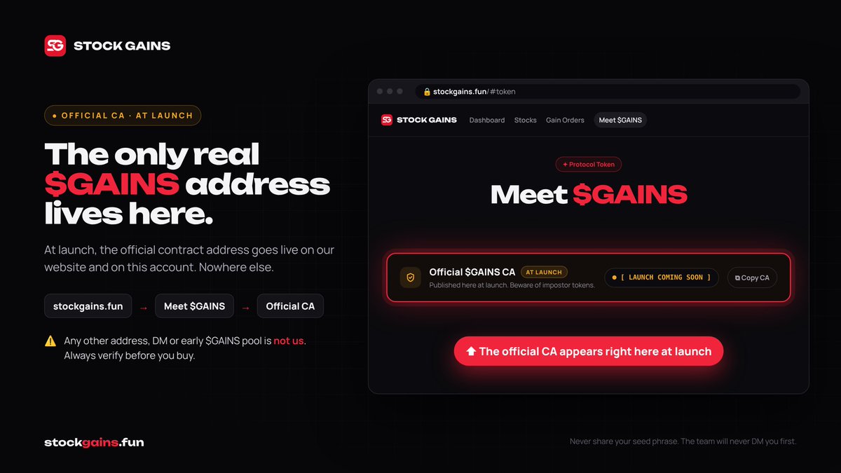 Stock_Gains_'s tweet photo. Where to find the official $GAINS CA
At launch, the contract address goes live in ONE place: https://t.co/6GpByeC9WK → Meet $GAINS → Official CA
It will also be posted on this account.
Anything else (DMs, early pools, other addresses) is NOT us. Verify before you buy. $GAINS launches in 40 mins time.