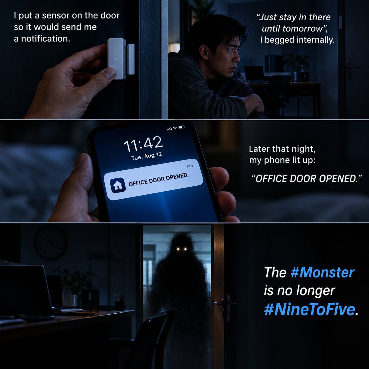chenb0x's tweet photo. I put a sensor on the door so it would send me a notification.
"Just stay in there until tomorrow", I begged internally.
Later that night, my phone lit up: "OFFICE DOOR OPENED."
The #Monster is no longer #NineToFive to
#31DaysOfScary
#Day5 https://t.co/eZtbnhxOHe