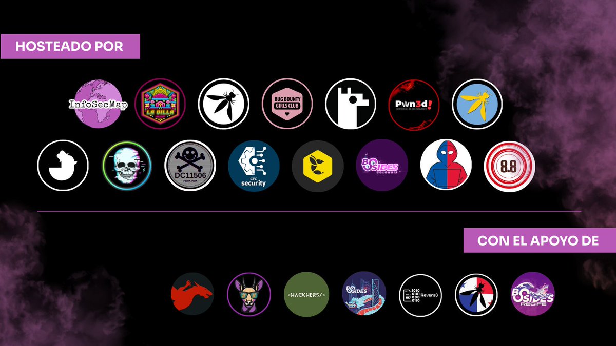 InfoSecMap's tweet photo. Hosteado por @InfoSecMap, @LaVillaHacker, @ComunidadDOJO, @OWASPBA, @BlackAlpaca_org, @8dot8, @OWASP_UY, @KavaConPy, @BSides_CO, @Lockdown0x0, @Defcon506, BB Girls Club, ++

Con el apoyo de @DragonJAR + @DragonJARCon, @OWASP_Panama, @BSidesCDMX, @Revers3vrything, @HackElValle, ++ https://t.co/nQNxFKRYBo