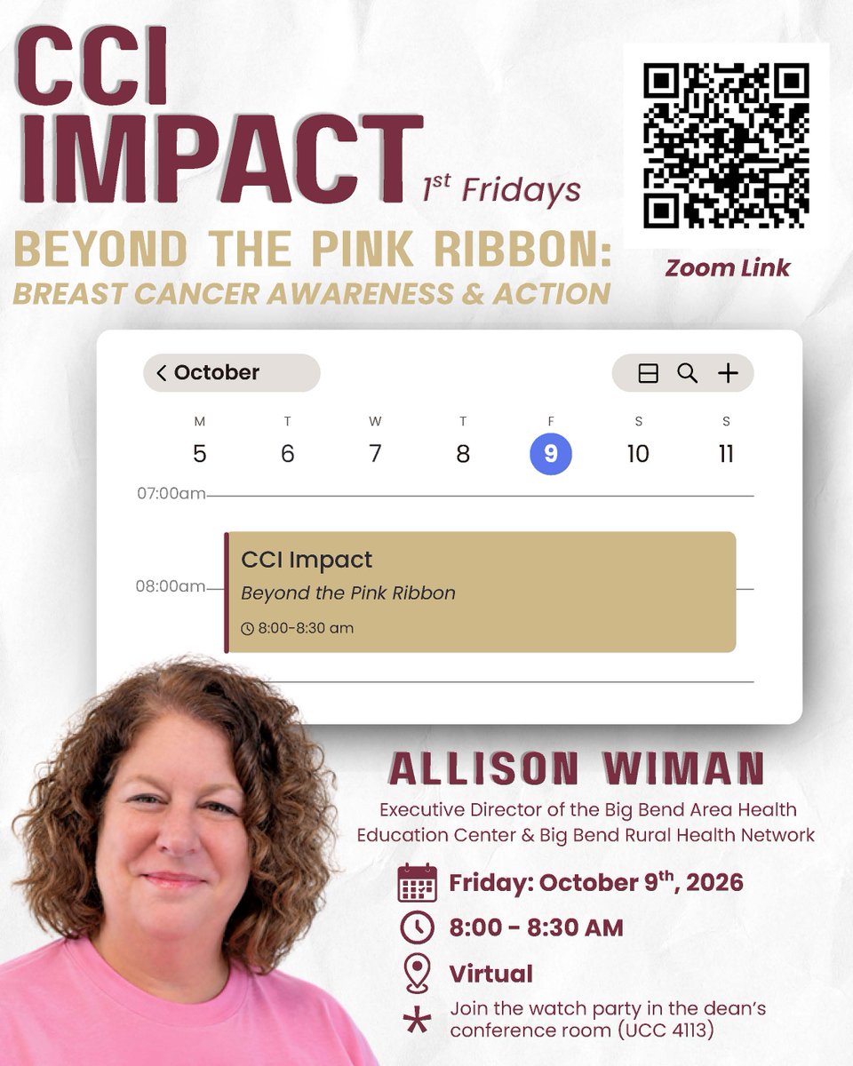 FSUCCI's tweet photo. Think Pink! 🩷

Join Allison Wiman to learn more about the importance of breast cancer awareness and early detection for women and men.

Join us on Zoom or at our in-person watch party and enjoy some breakfast!

https://t.co/7cwLpCoPP3 https://t.co/68y5yzyKcl