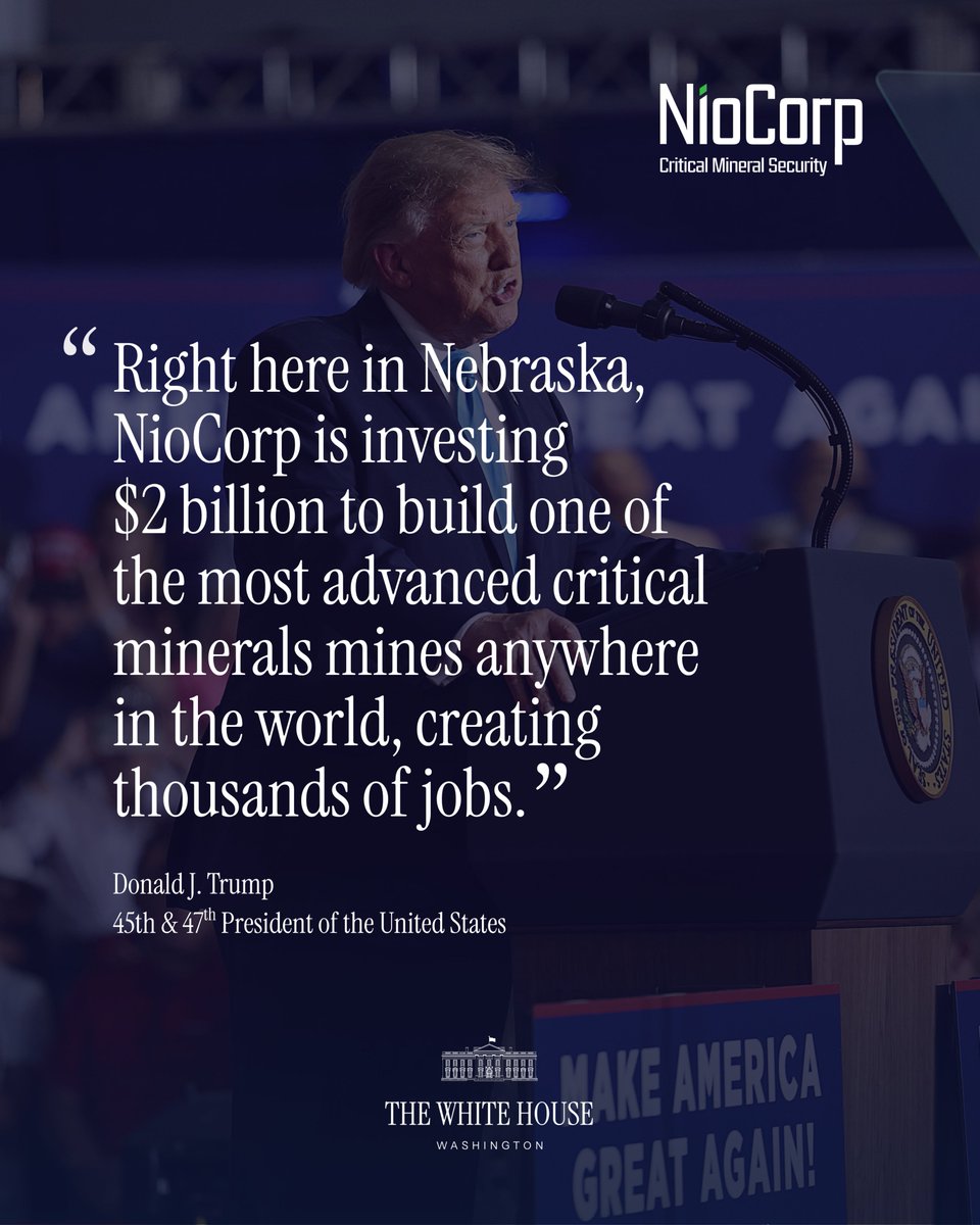 NioCorp's tweet photo. We are putting Nebraska on the map for its American #criticalminerals potential.

Thank you for highlighting our great project, @POTUS.

We couldn't be more excited to be working with @EximBankUS and the great State of Nebraska to get the #ElkCreekProject across the finish line and help build a secure, reliable supply of critical minerals right here in America.
 
@WhiteHouse • @SenatorRicketts • @TeamPillen • @RepAdrianSmith